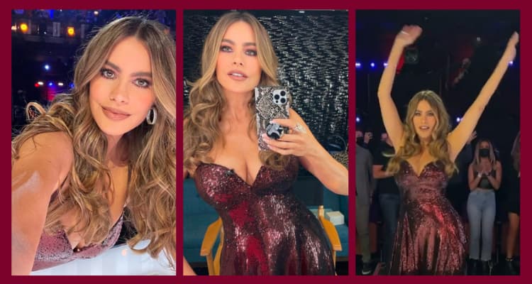 La famosa actriz colombiana Sofía Vergara usa Hermoso Vestido Color Rojo vino de lentejuelas en AGT