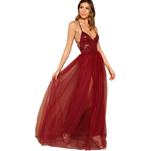 Vestido plisado color vino con lentejuelas 2021
